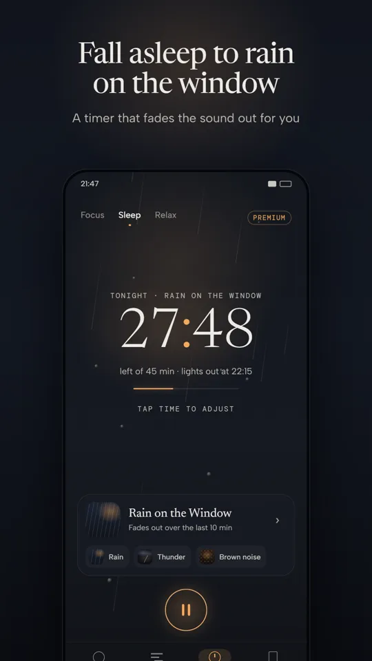 Sleep timer running with the countdown 27:48 and a rain mix