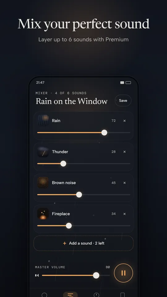 Mixer with Rain, Thunder, Brown noise and Fireplace layers