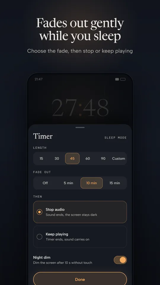 Timer sheet with length, fade-out and night dim options